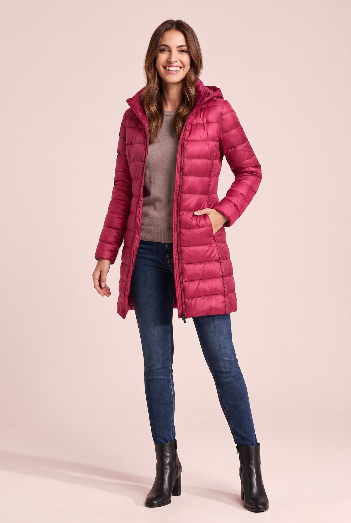 BETHAN Hooded Longline Down Puffer Coat in rose red, front