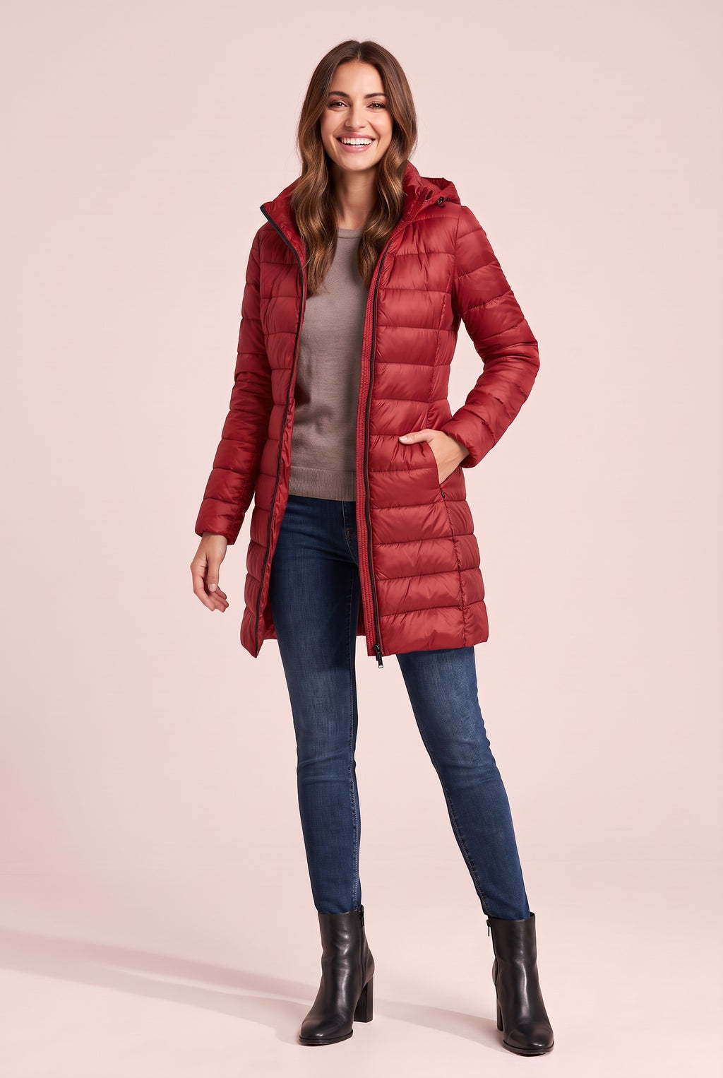 BETHAN Hooded Longline Down Puffer Coat in red, front