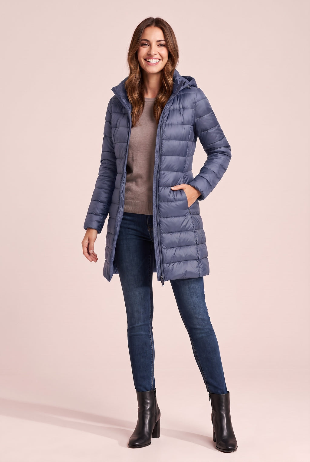 BETHAN Hooded Longline Down Puffer Coat in haze blue, front