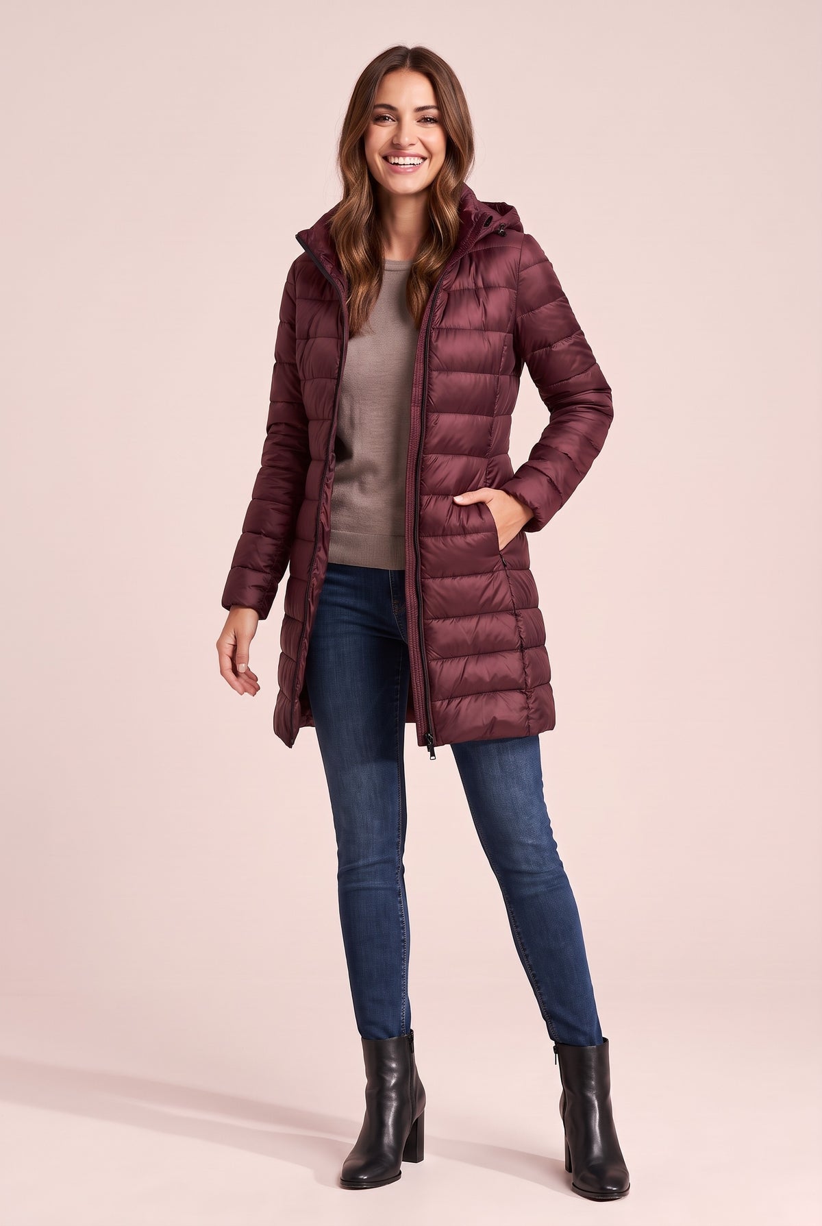BETHAN Hooded Longline Down Puffer Coat in wine red, front