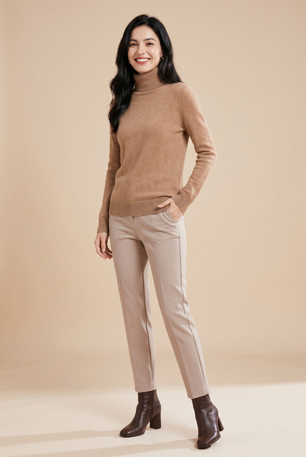 BIANCA Fine Knit Roll Neck Jumper in golden camel, front