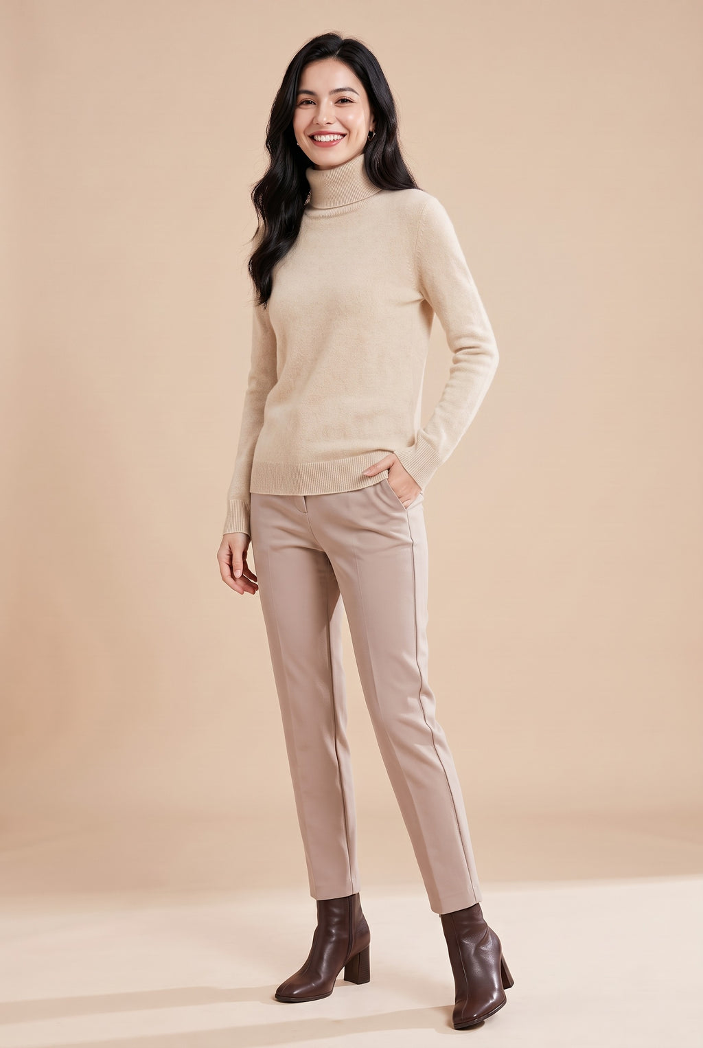 BIANCA Fine Knit Roll Neck Jumper in beige, front
