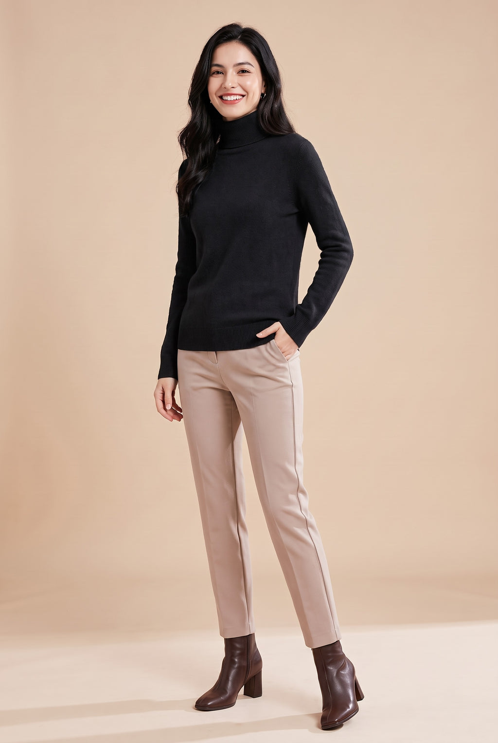 BIANCA Fine Knit Roll Neck Jumper in black, front