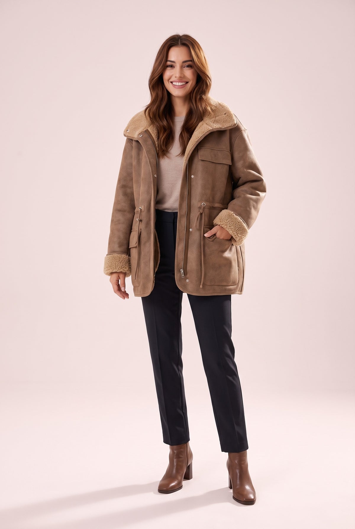 BLAIR Faux Shearling Suedette Aviator Jacket in coffee, front