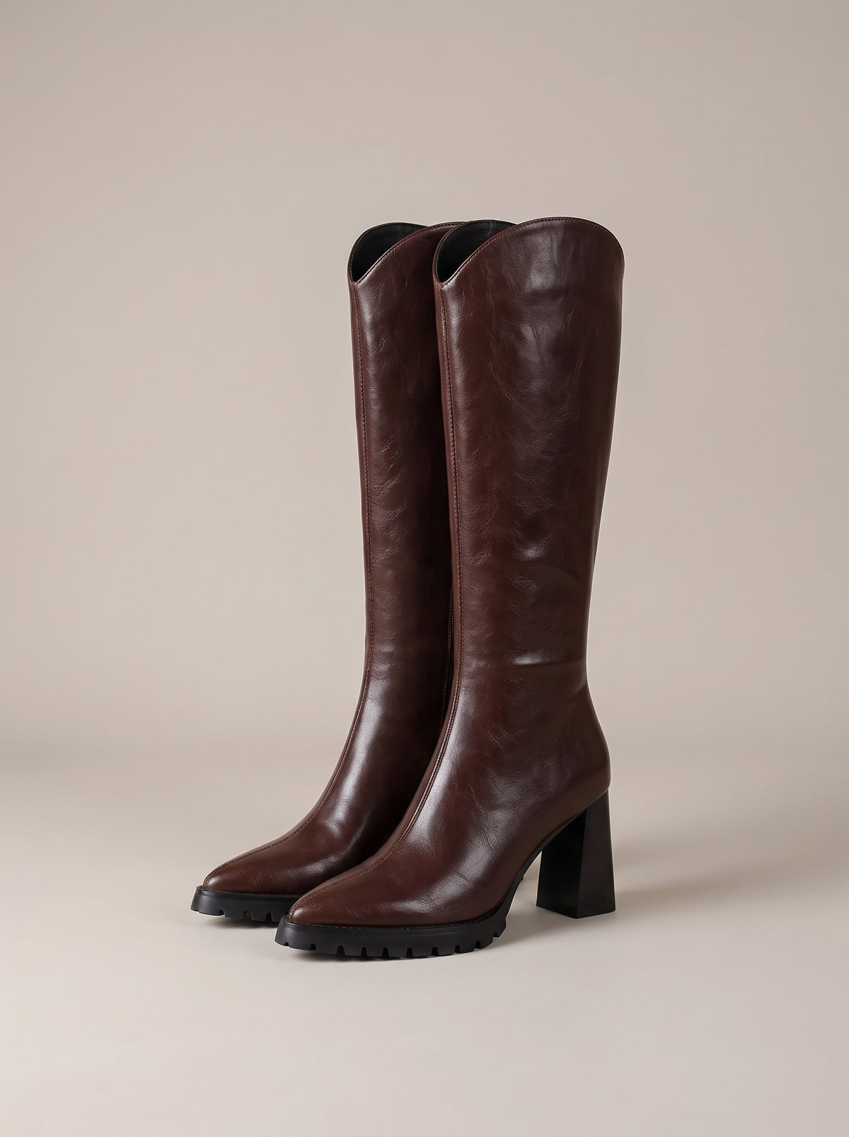 BRIAR Pointed Toe Heeled Knee High Boots in brown, front