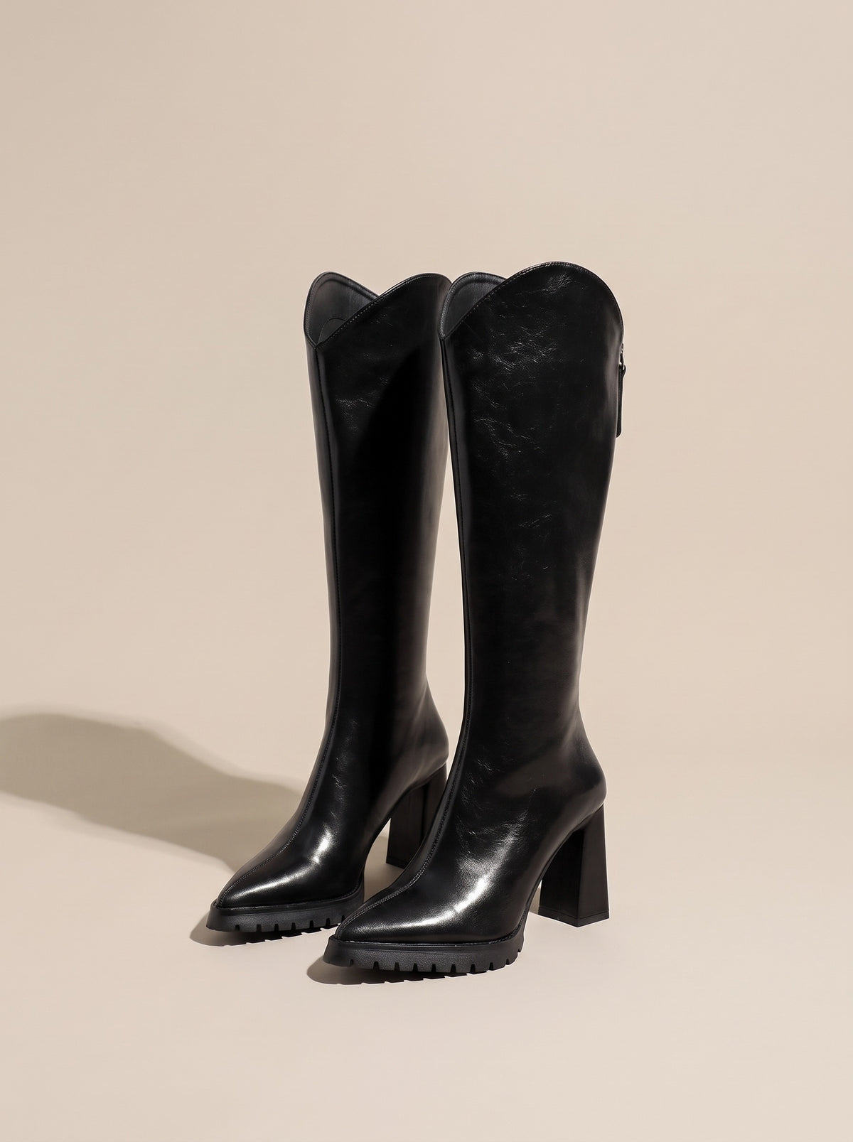 BRIAR Pointed Toe Heeled Knee High Boots in black, front