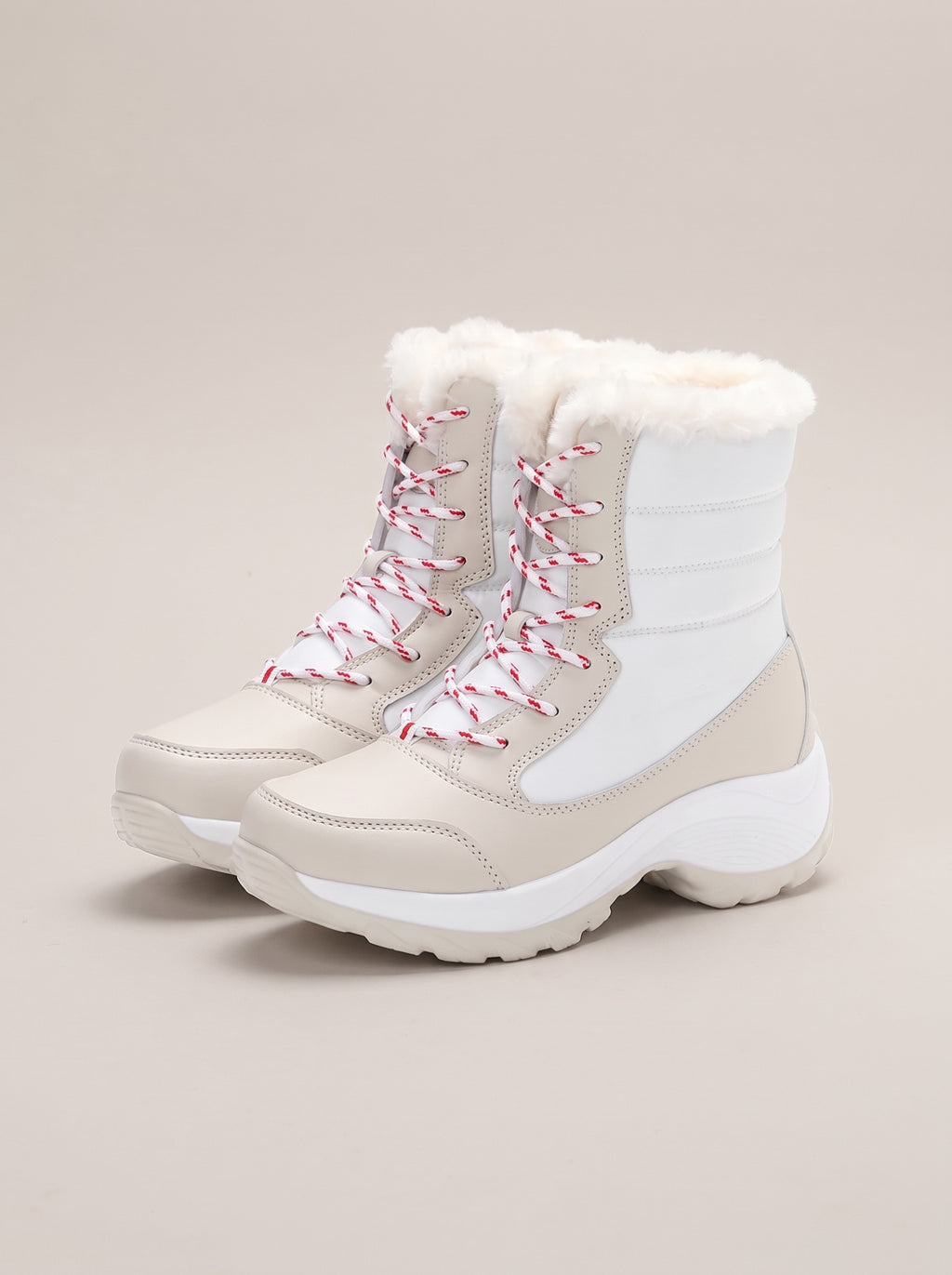 BRIELLE Lace Up Faux Fur Lined Snow Boots in white, front