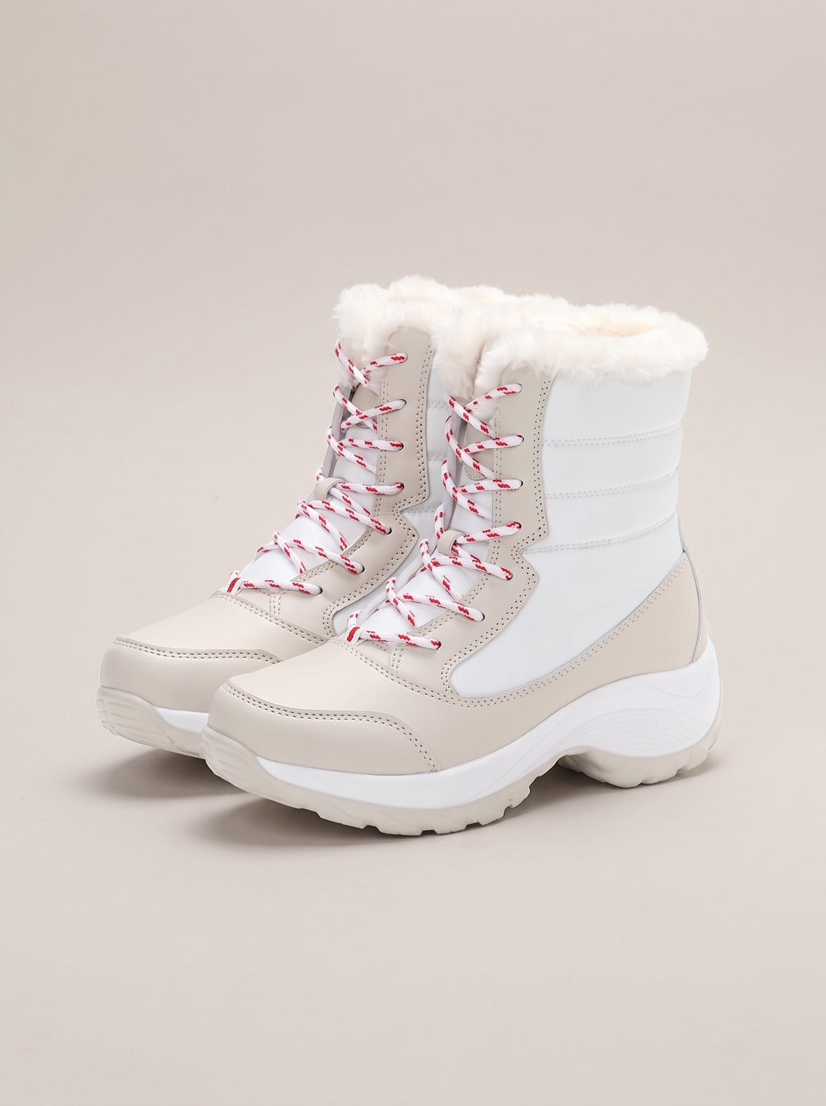 BRIELLE Lace Up Faux Fur Lined Snow Boots in white, front
