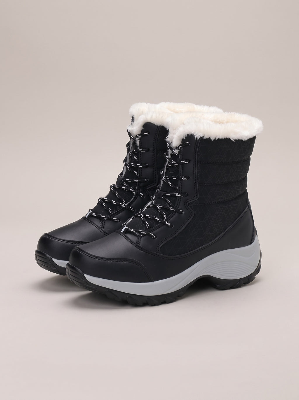BRIELLE Lace Up Faux Fur Lined Snow Boots in black, front