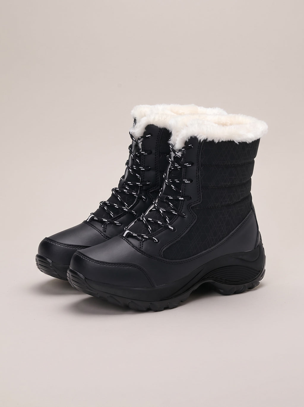 BRIELLE Lace Up Faux Fur Lined Snow Boots in all black, front