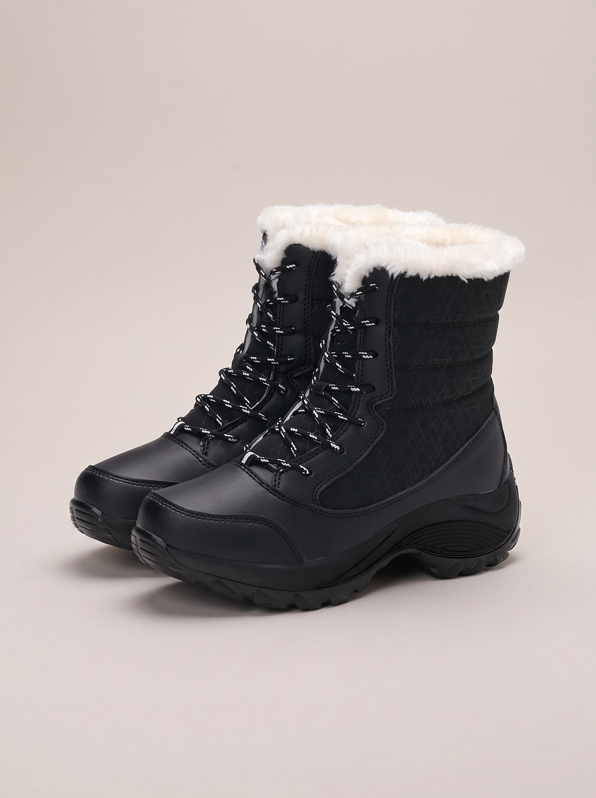 BRIELLE Lace Up Faux Fur Lined Snow Boots in all black, front