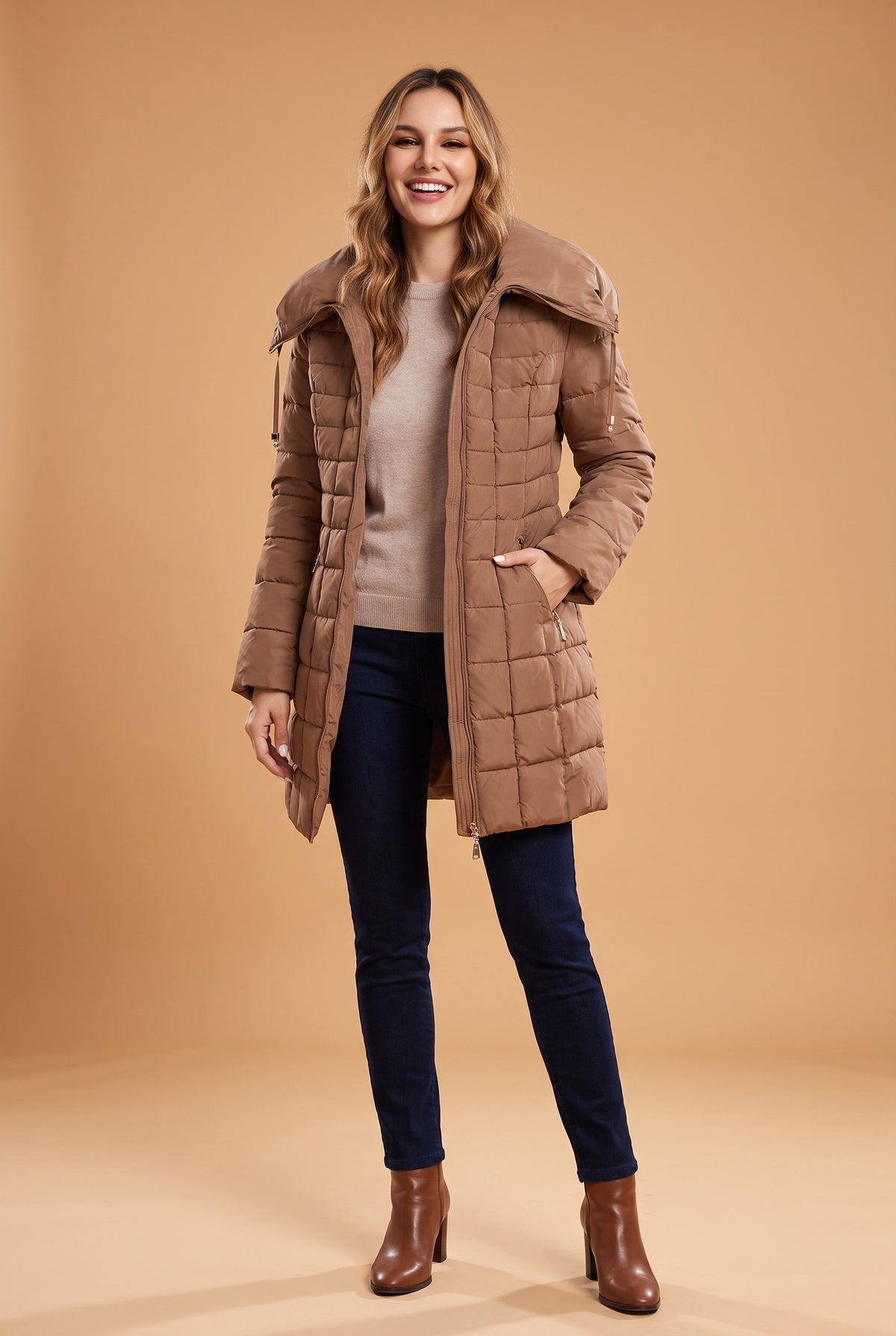 BRIGID Belted Quilted Hooded Puffer Coat in camel, front