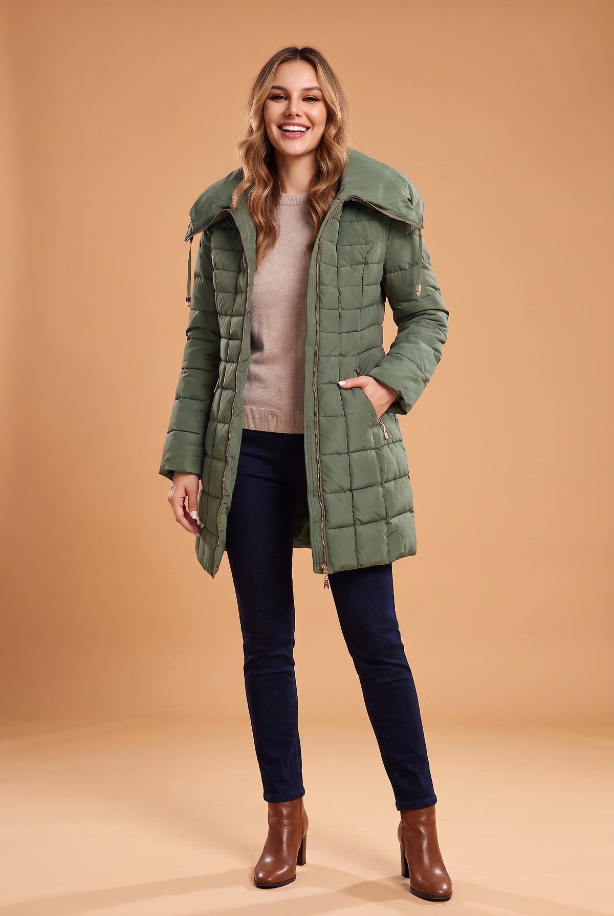 BRIGID Belted Quilted Hooded Puffer Coat in green, front