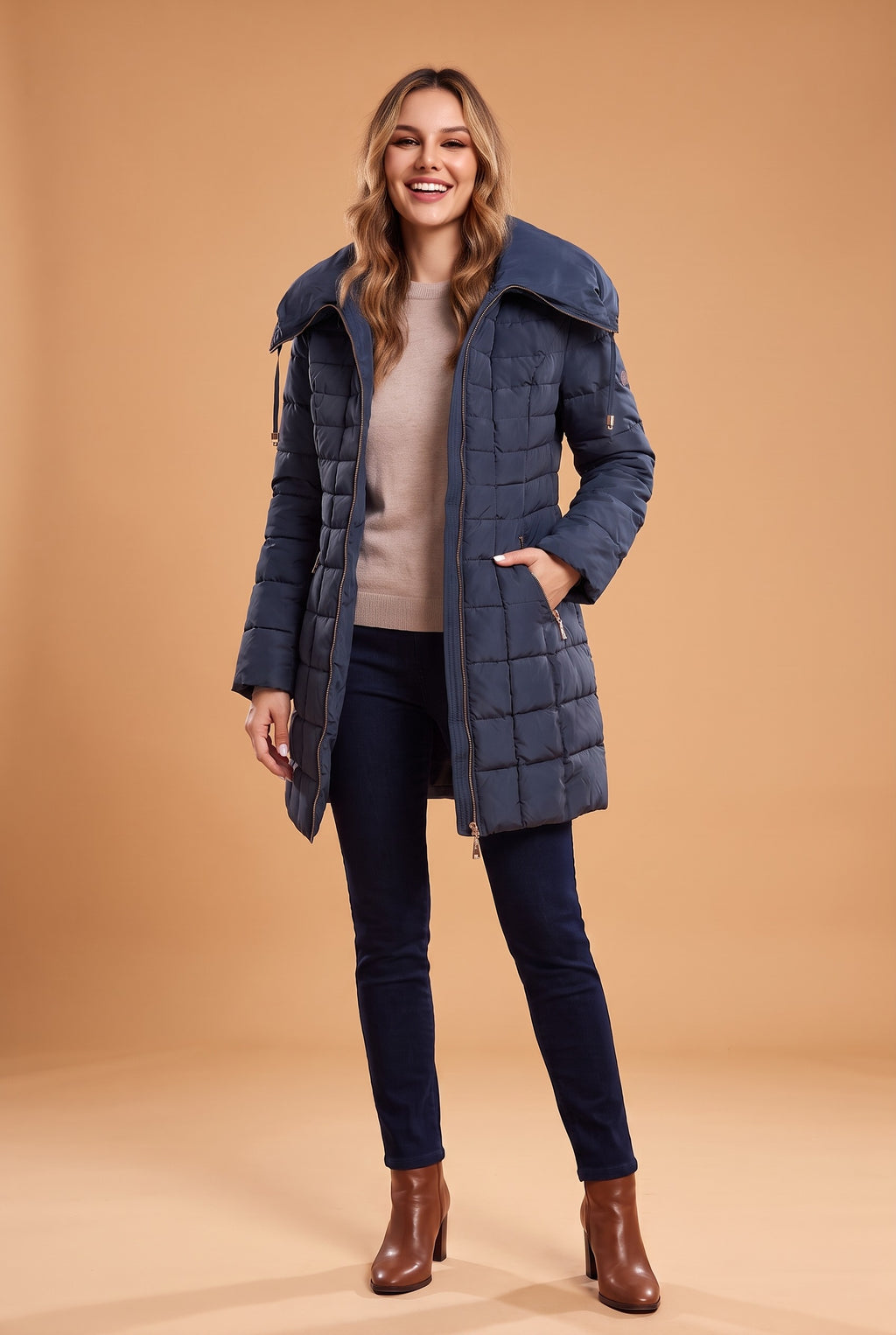 BRIGID Belted Quilted Hooded Puffer Coat in dark blue, front