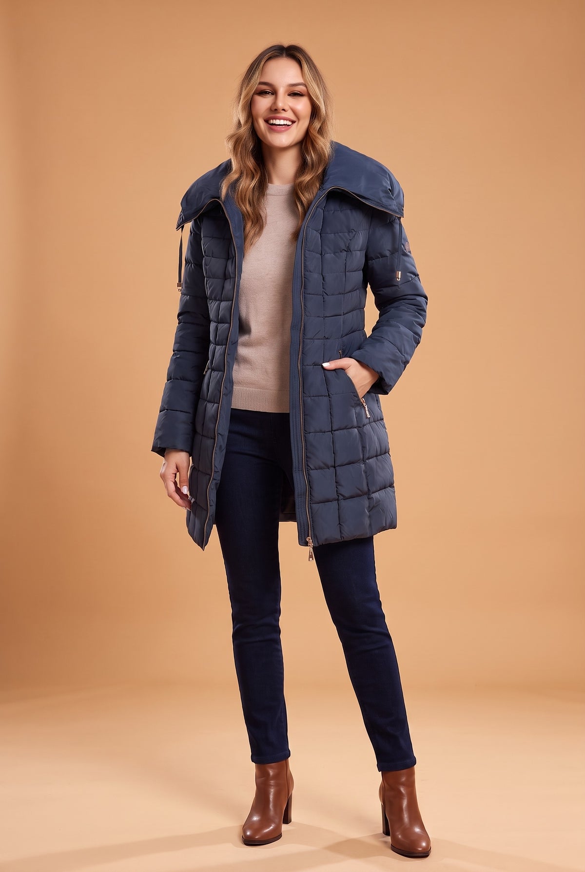 BRIGID Belted Quilted Hooded Puffer Coat in dark blue, front