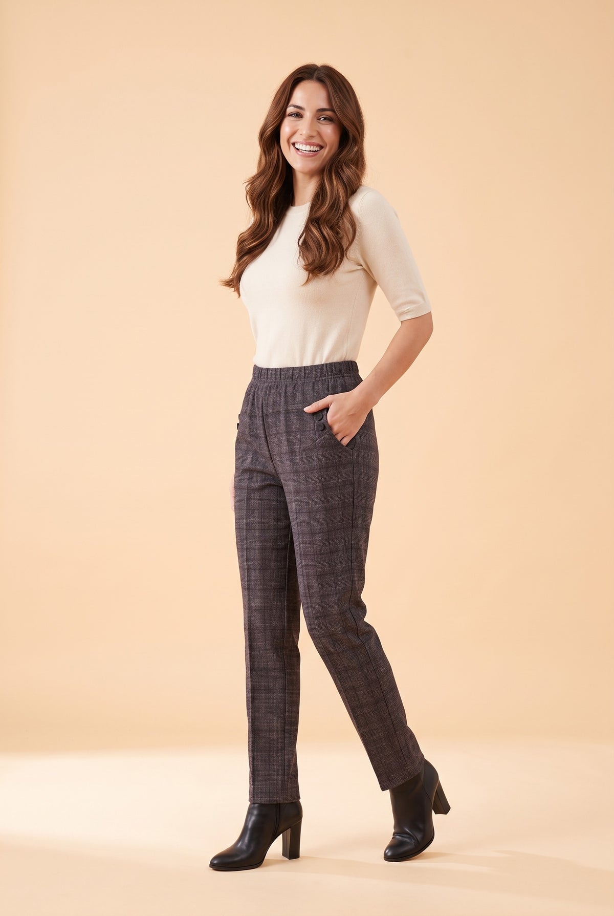 BRIONY Elasticated Waist Straight Leg Trousers in grey check, front