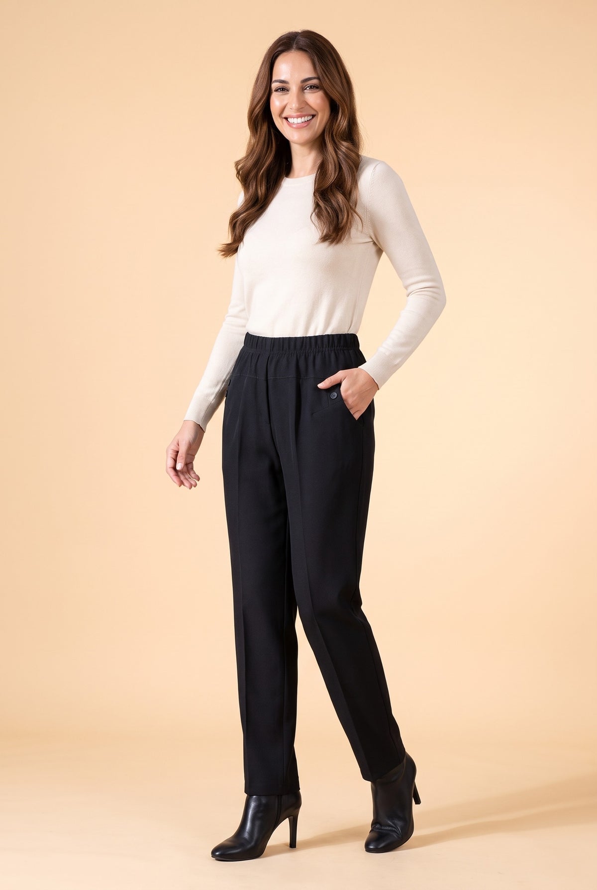 BRIONY Elasticated Waist Straight Leg Trousers in black, front
