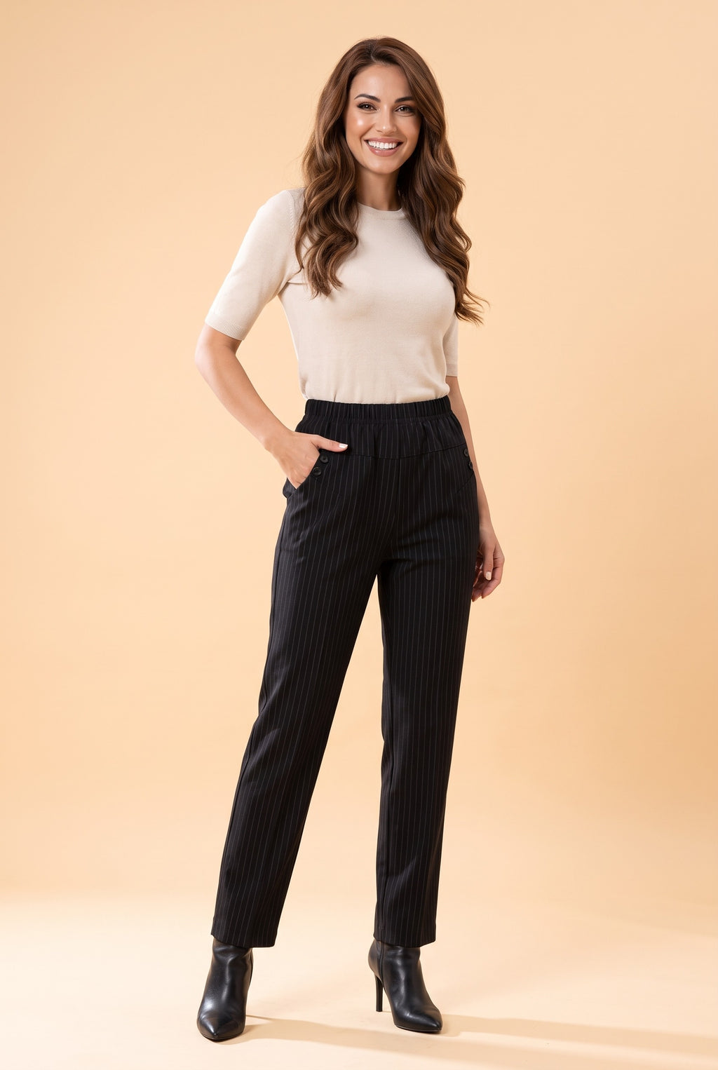 BRIONY Elasticated Waist Straight Leg Trousers in pinstripe, front