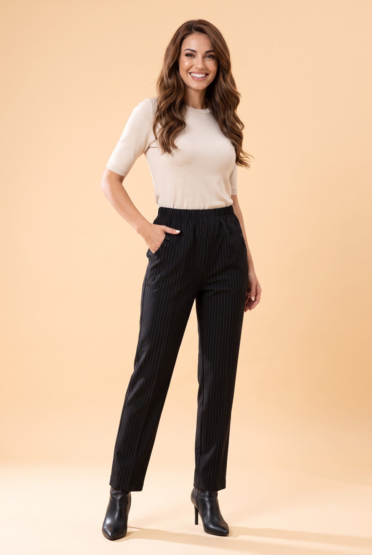 BRIONY Elasticated Waist Straight Leg Trousers in pinstripe, front