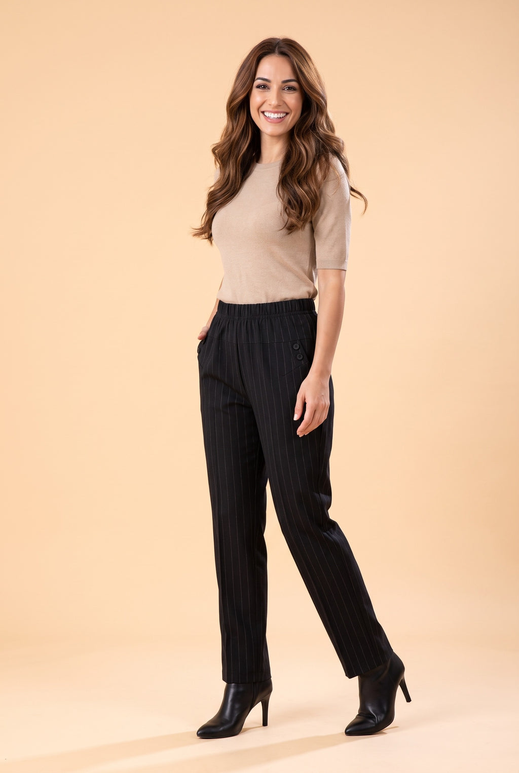 BRIONY Elasticated Waist Straight Leg Trousers in dotted stripe, front