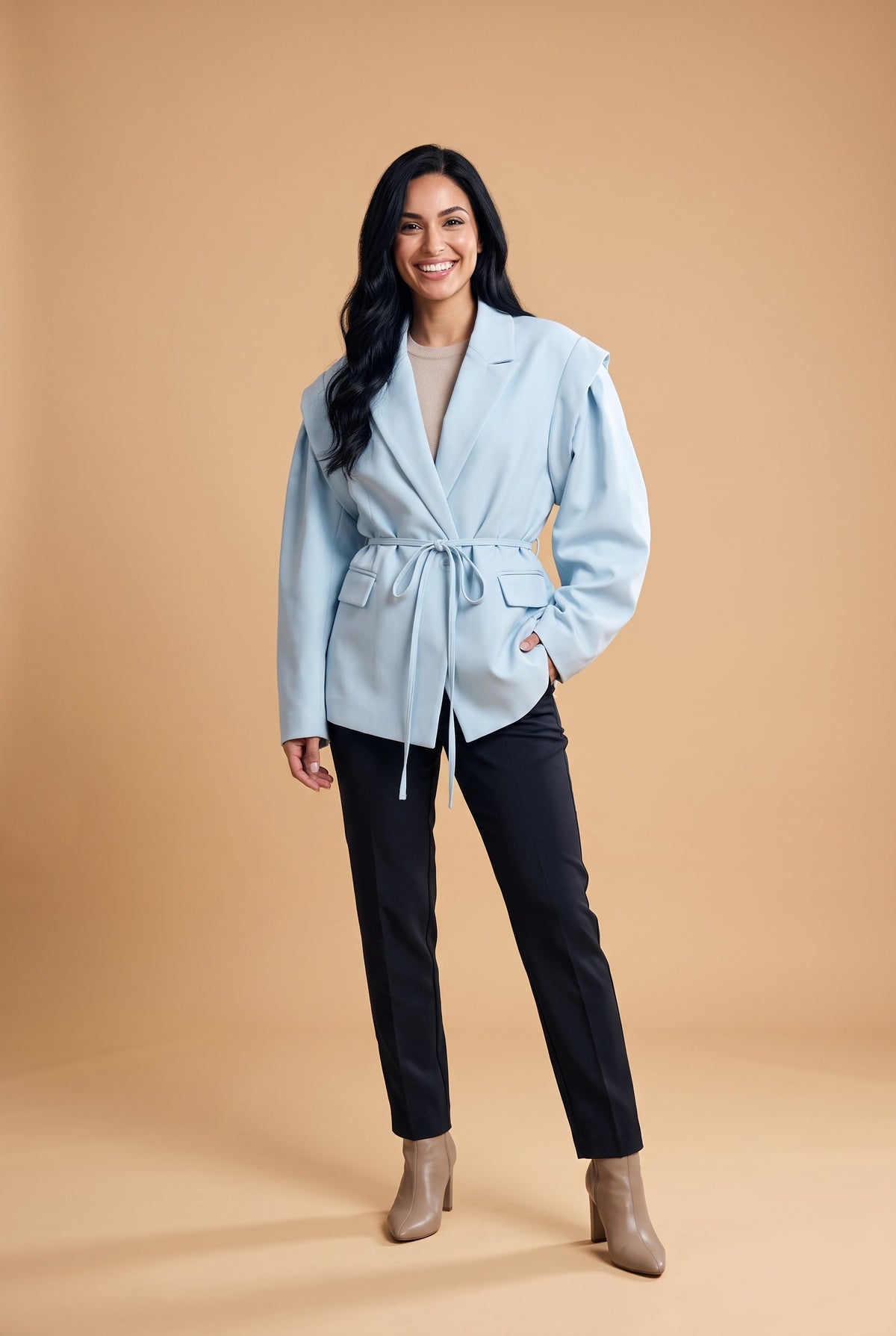 BRYNN Floral Belted Puff Sleeve Jacket in blue, front