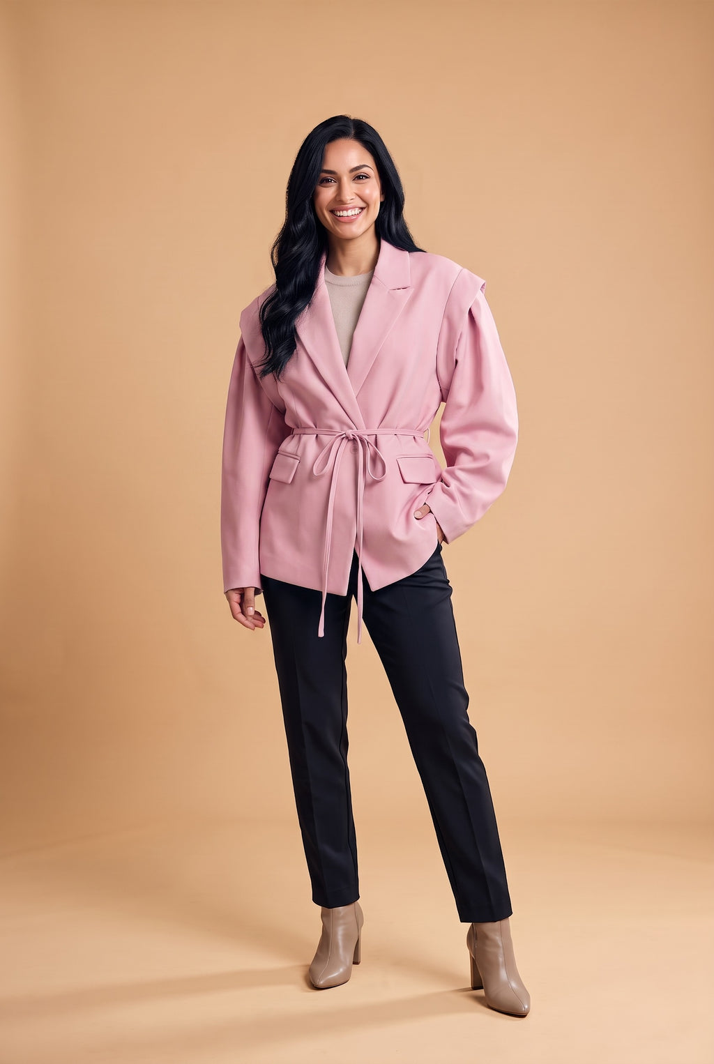 BRYNN Floral Belted Puff Sleeve Jacket in pink, front