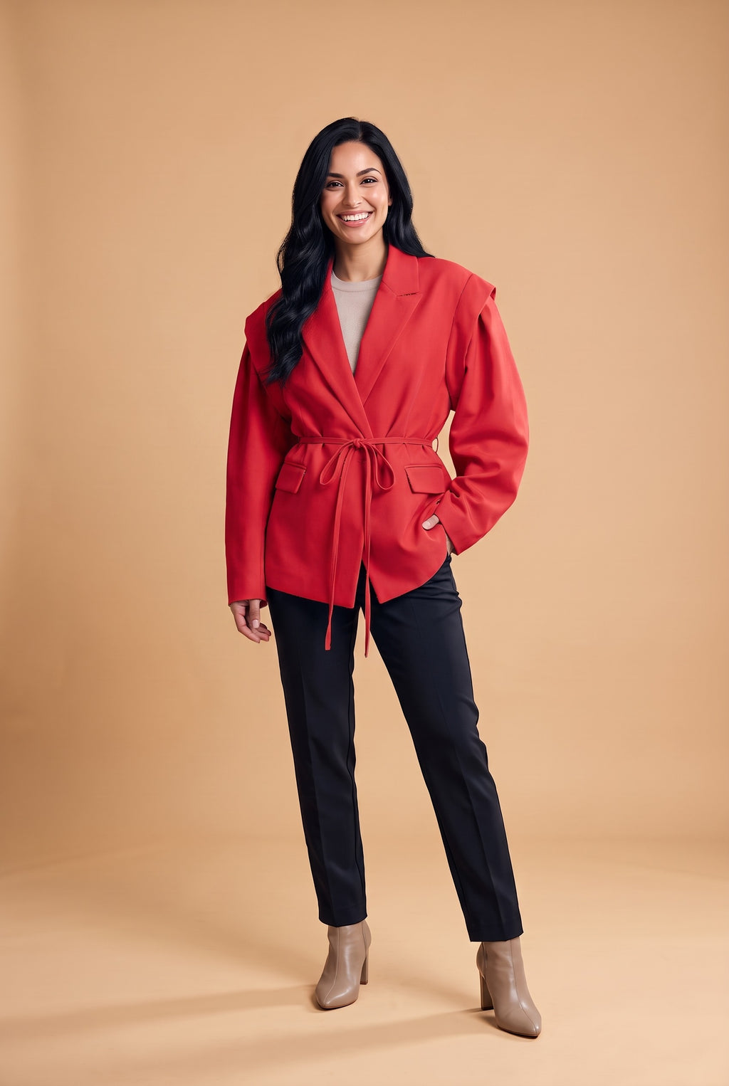 BRYNN Floral Belted Puff Sleeve Jacket in red, front