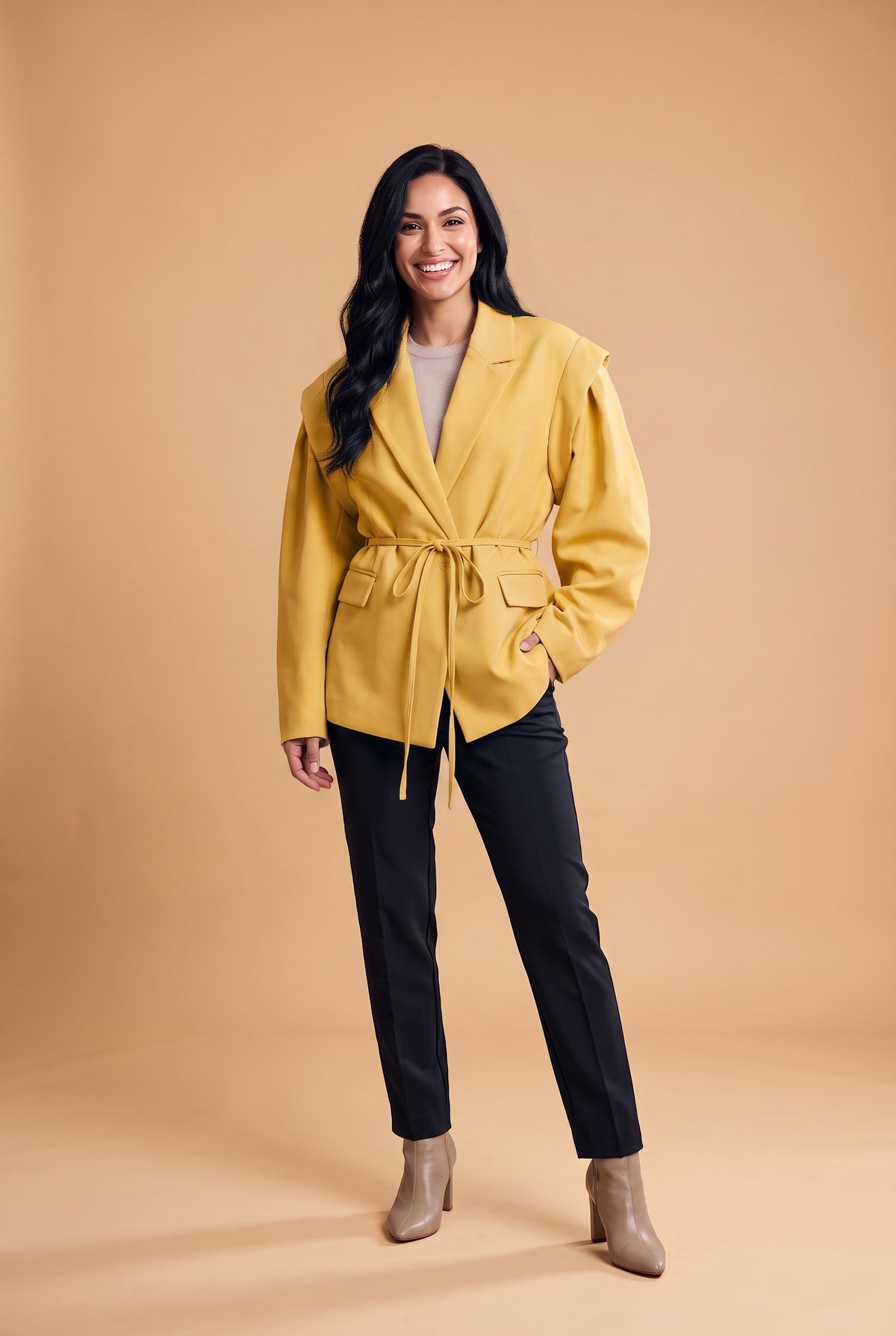 BRYNN Floral Belted Puff Sleeve Jacket in yellow, front