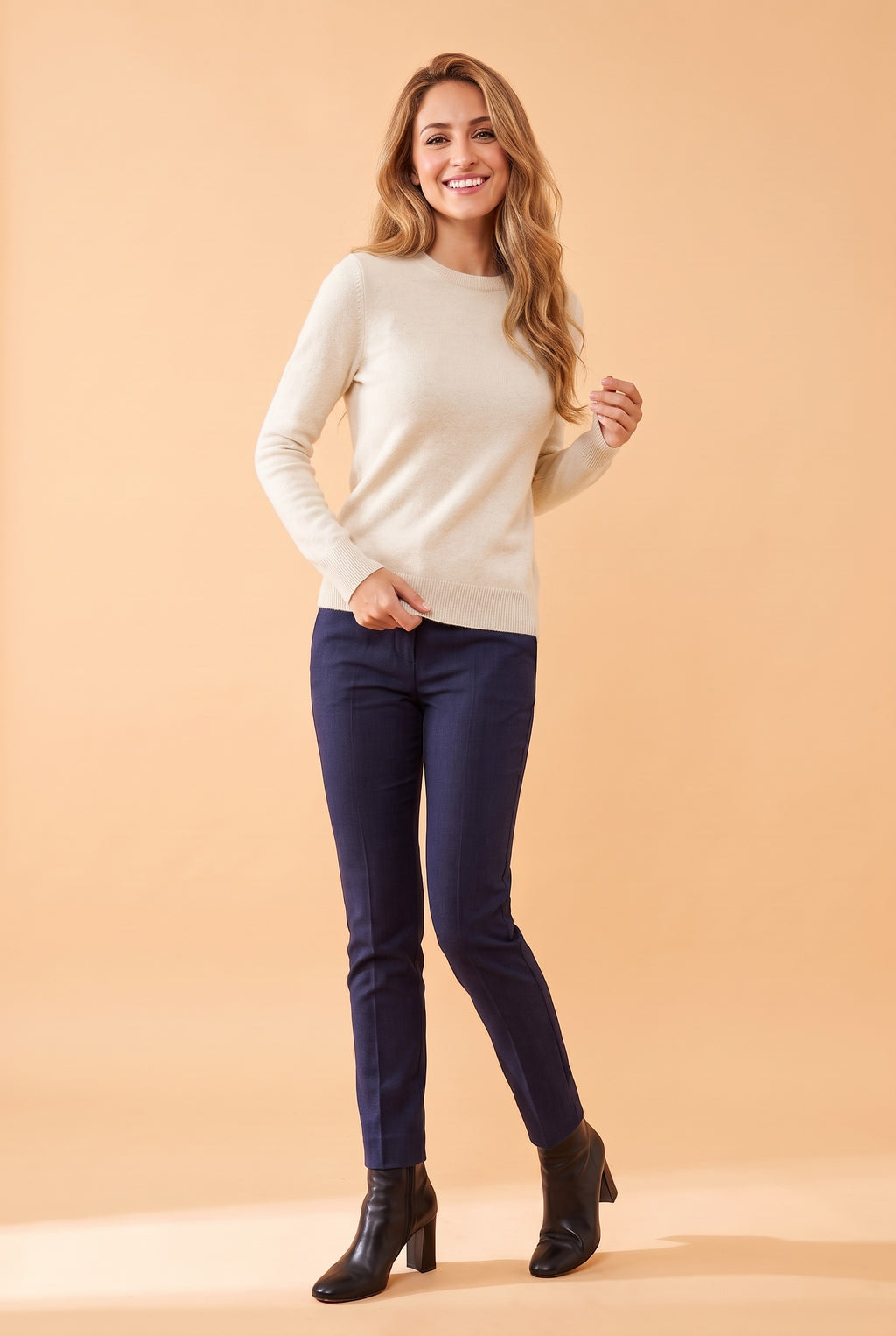 CALLIE Fine Knit Crew Neck Jumper in cream, front