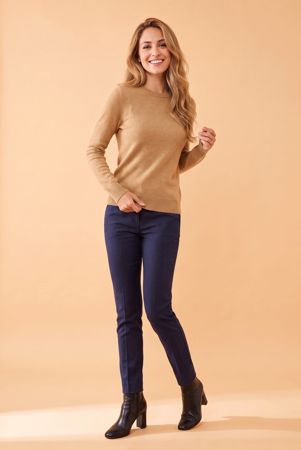 CALLIE Fine Knit Crew Neck Jumper in camel, front
