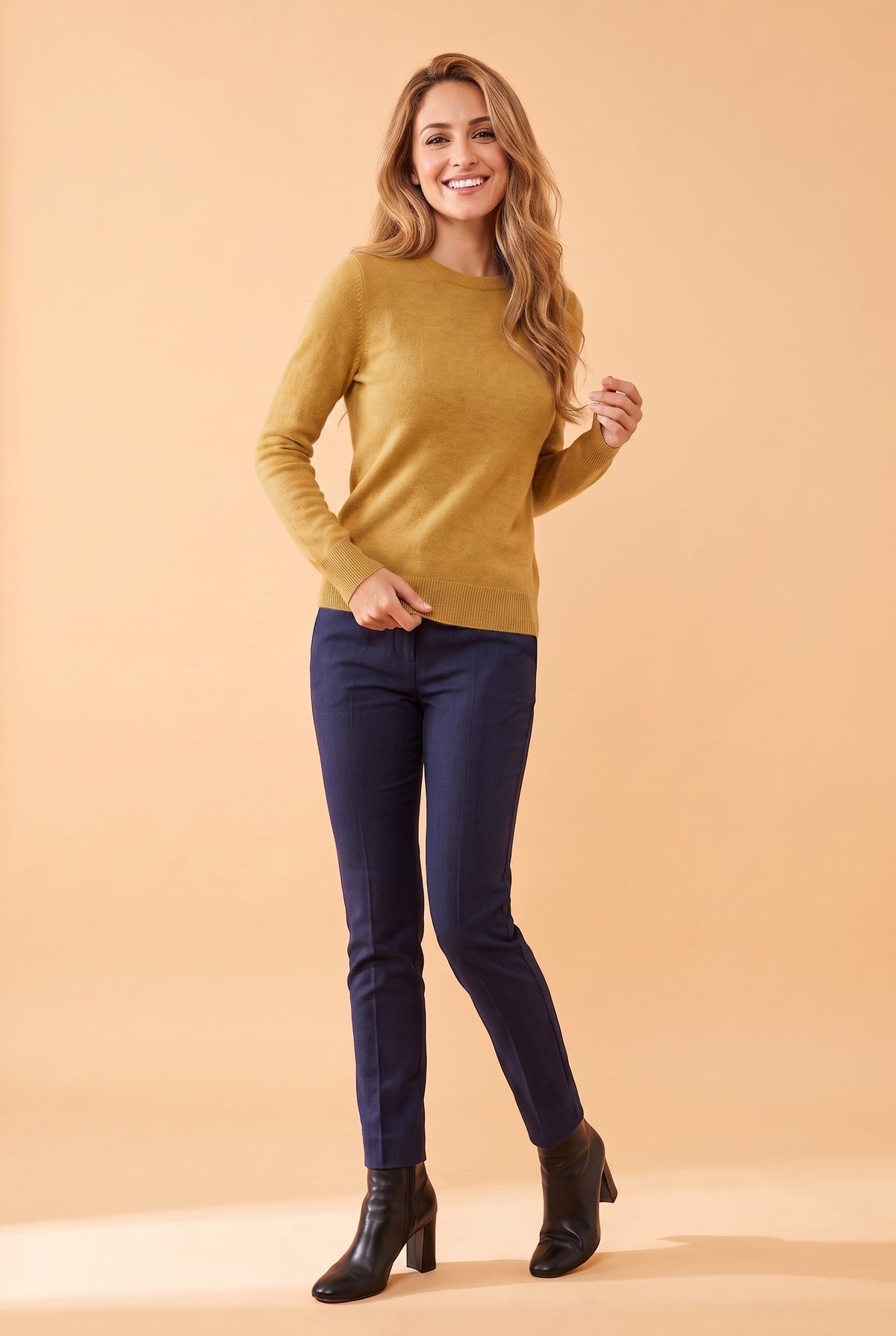 CALLIE Fine Knit Crew Neck Jumper in mustard, front