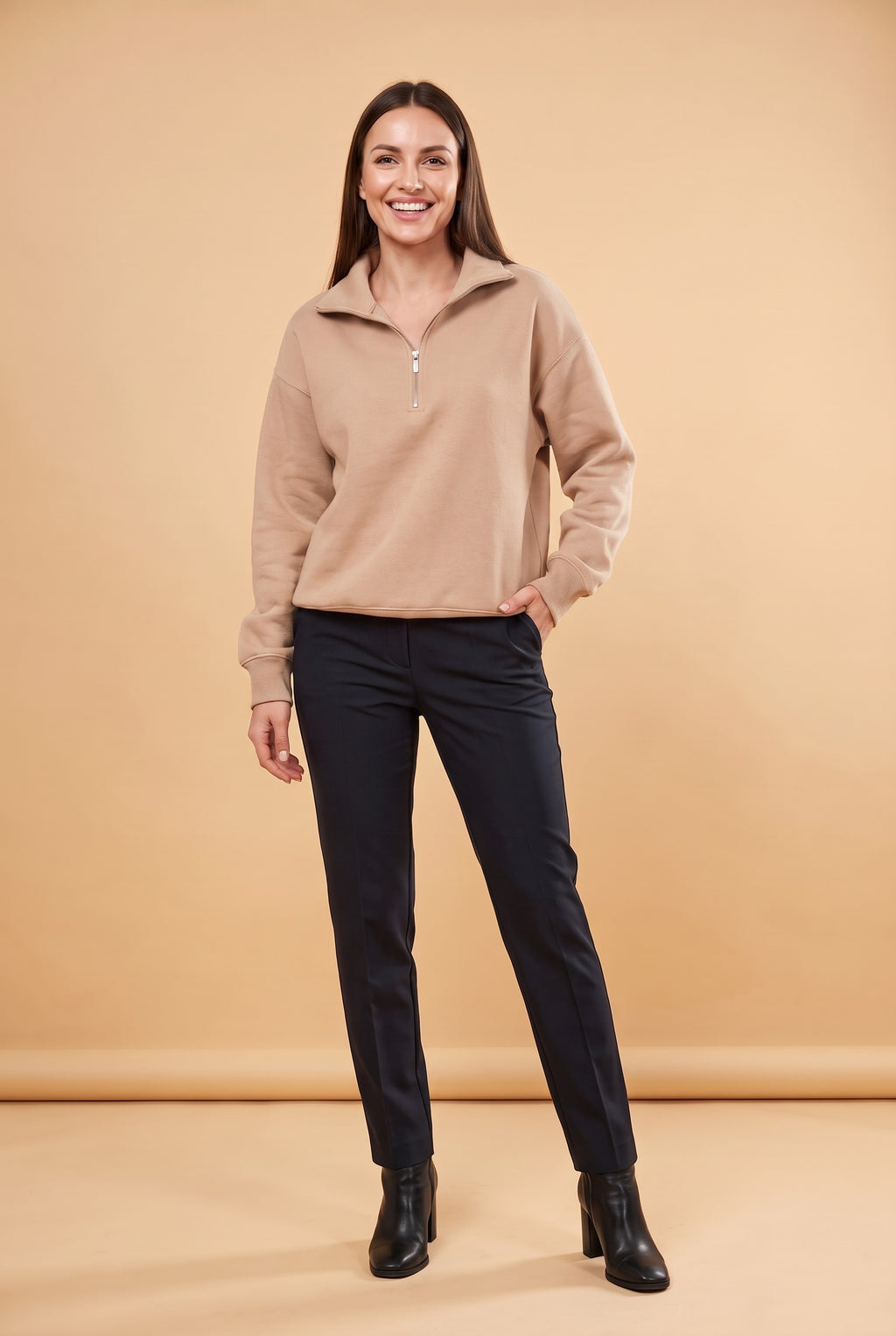 CAMILA Half Zip Collared Jumper in beige