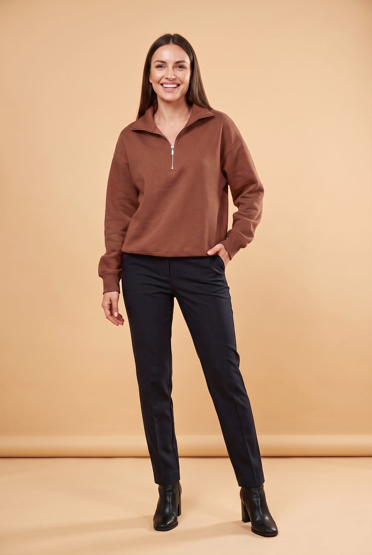 CAMILA Half Zip Collared Jumper in brown