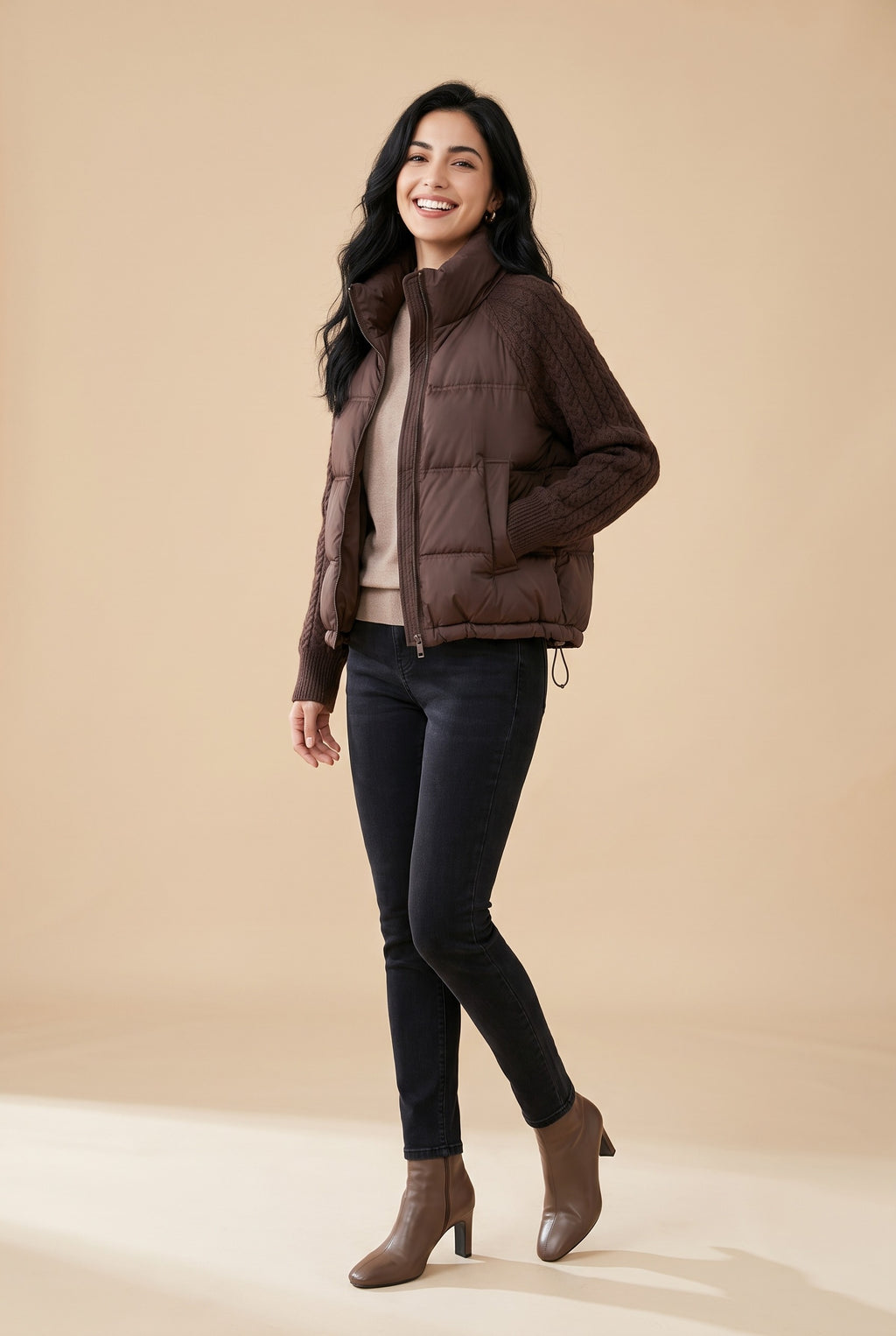 CARYS Cable Knit Sleeve Cropped Puffer Jacket in brown, front