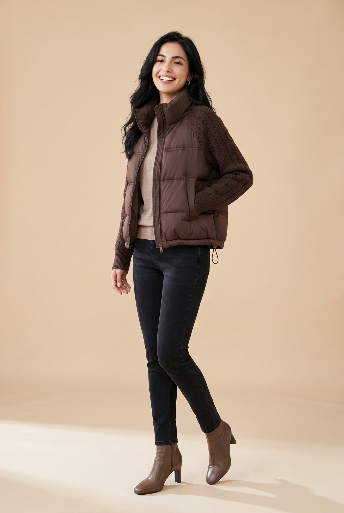 CARYS Cable Knit Sleeve Cropped Puffer Jacket in brown, front