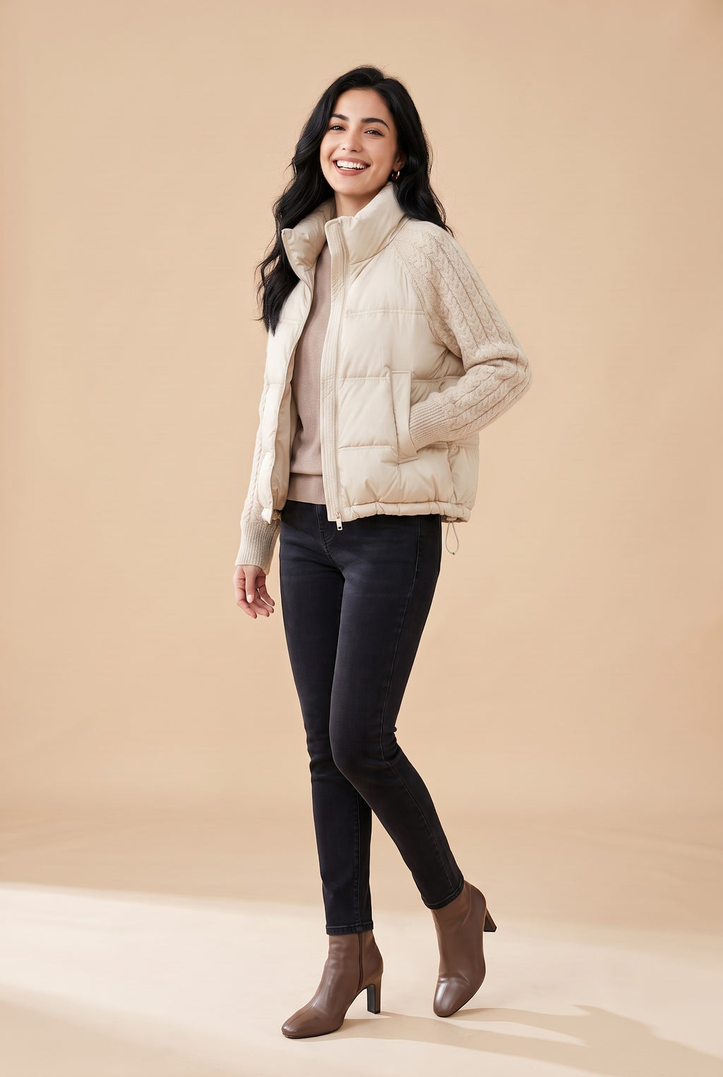CARYS Cable Knit Sleeve Cropped Puffer Jacket in cream, front