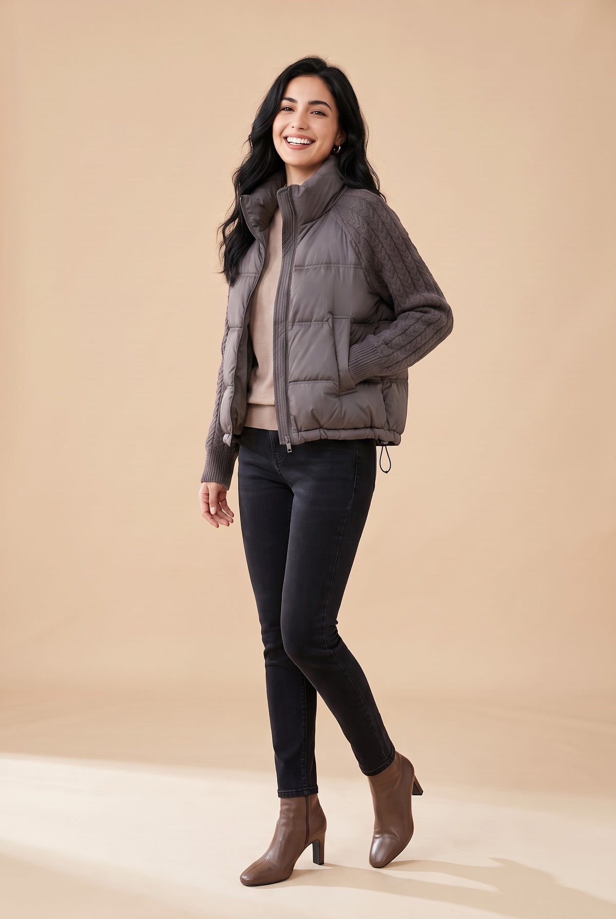 CARYS Cable Knit Sleeve Cropped Puffer Jacket in grey, front