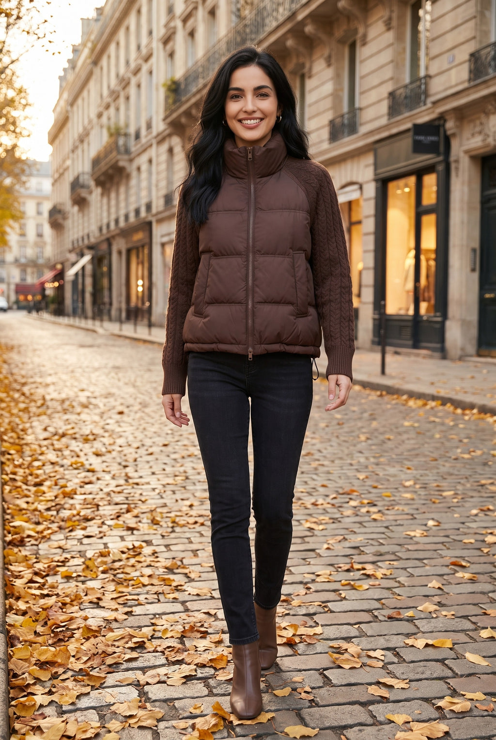 CARYS Cable Knit Sleeve Cropped Puffer Jacket, lifestyle