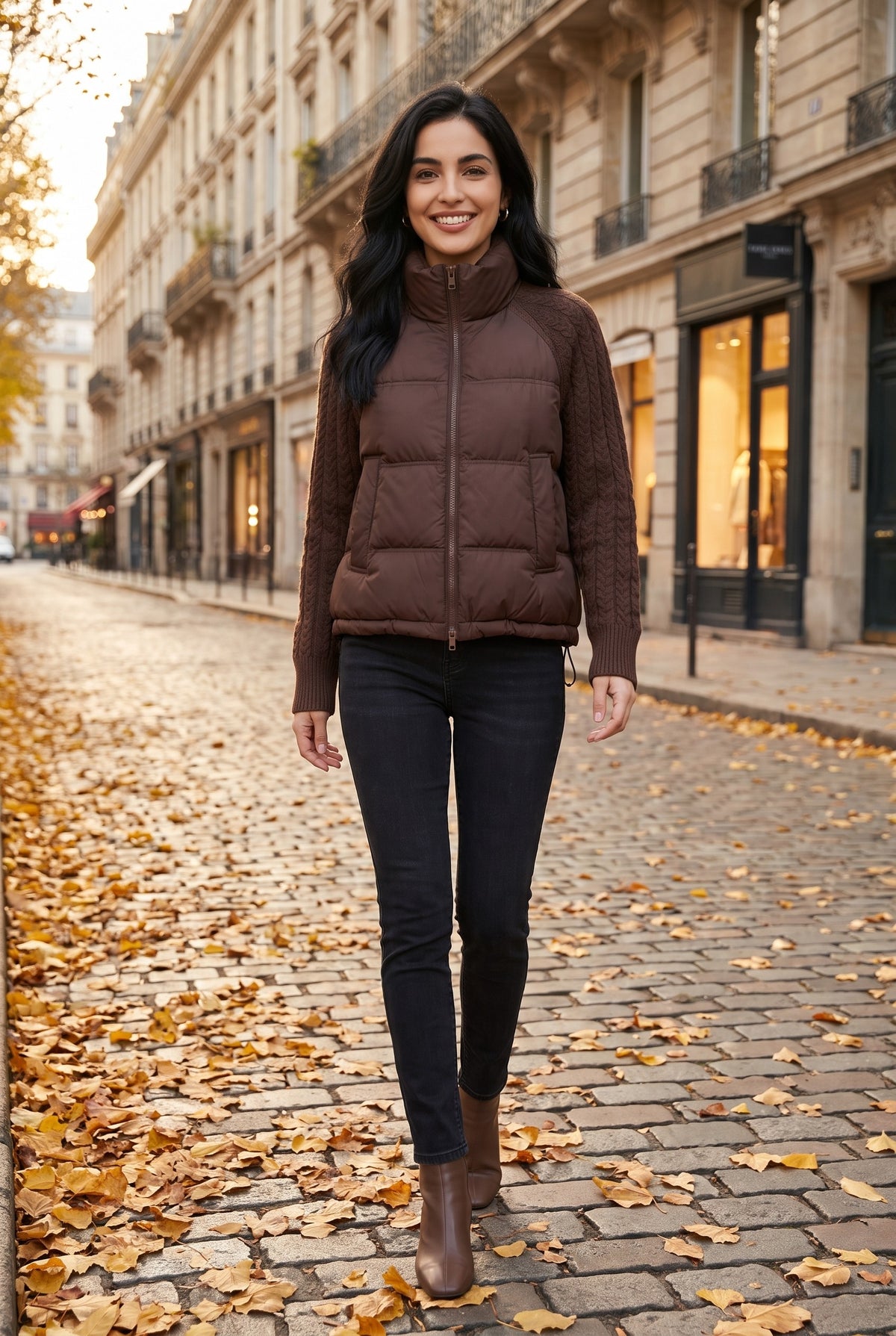 CARYS Cable Knit Sleeve Cropped Puffer Jacket, lifestyle