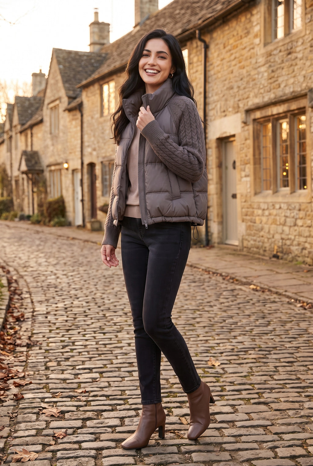 CARYS Cable Knit Sleeve Cropped Puffer Jacket, lifestyle