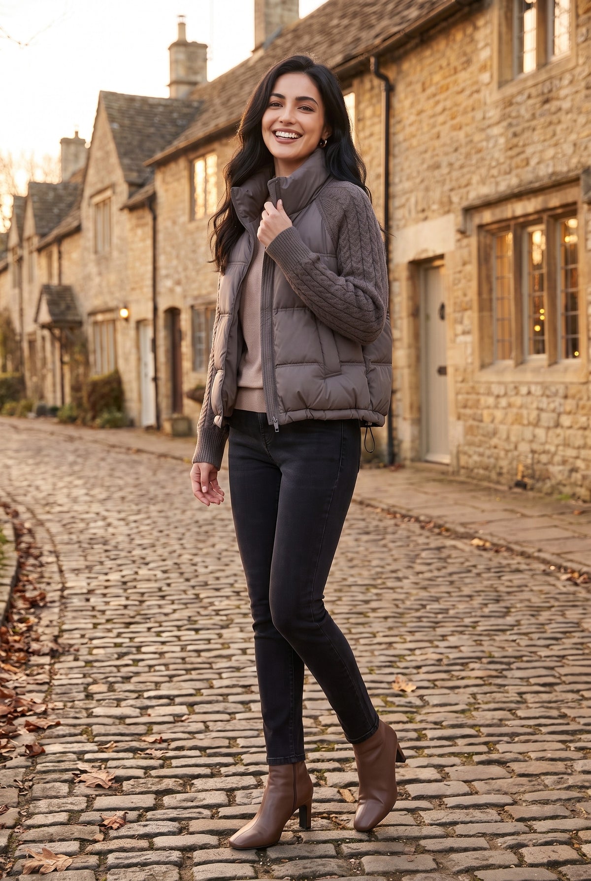 CARYS Cable Knit Sleeve Cropped Puffer Jacket, lifestyle