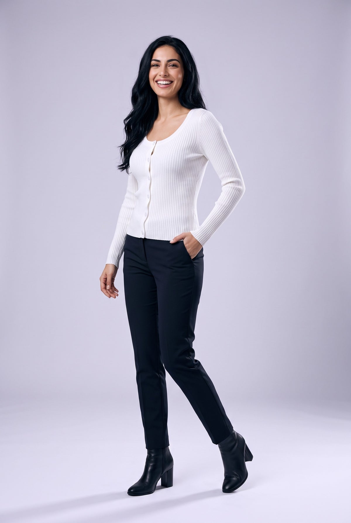 CATRIN Ribbed Button Neck Jumper in white, front