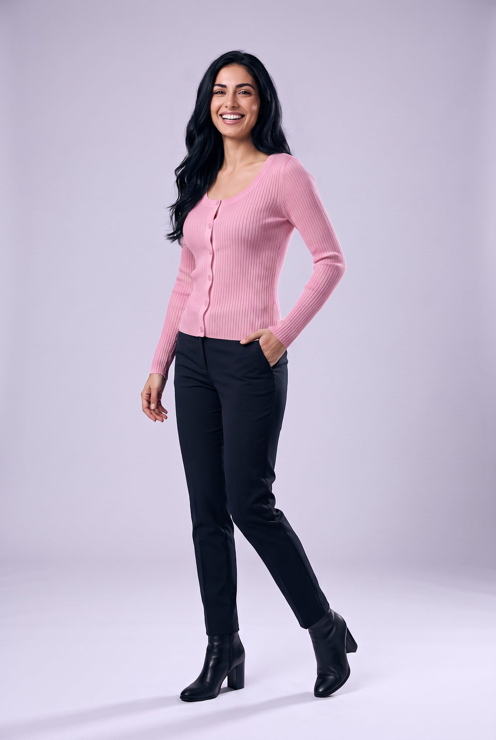 CATRIN Ribbed Button Neck Jumper in pink, front