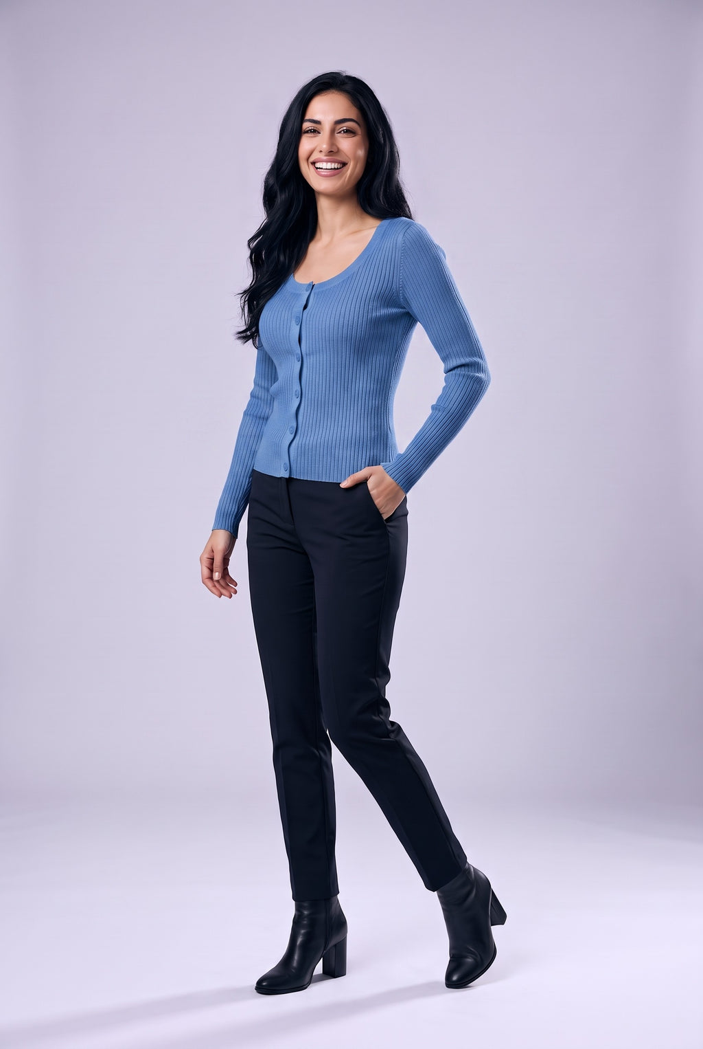 CATRIN Ribbed Button Neck Jumper in blue, front