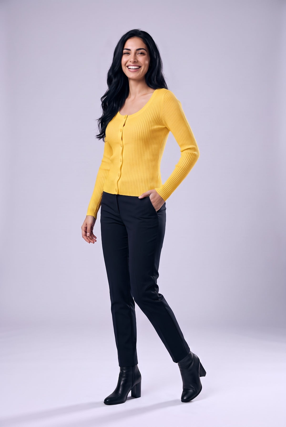 CATRIN Ribbed Button Neck Jumper in yellow, front