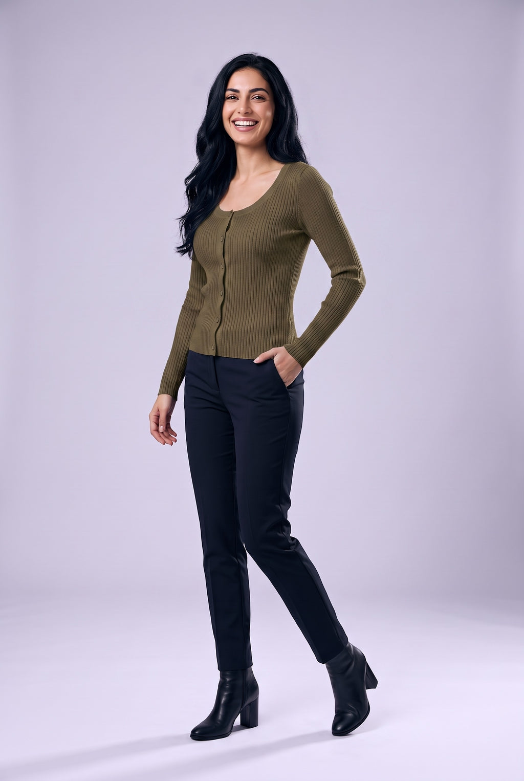 CATRIN Ribbed Button Neck Jumper in army green, front