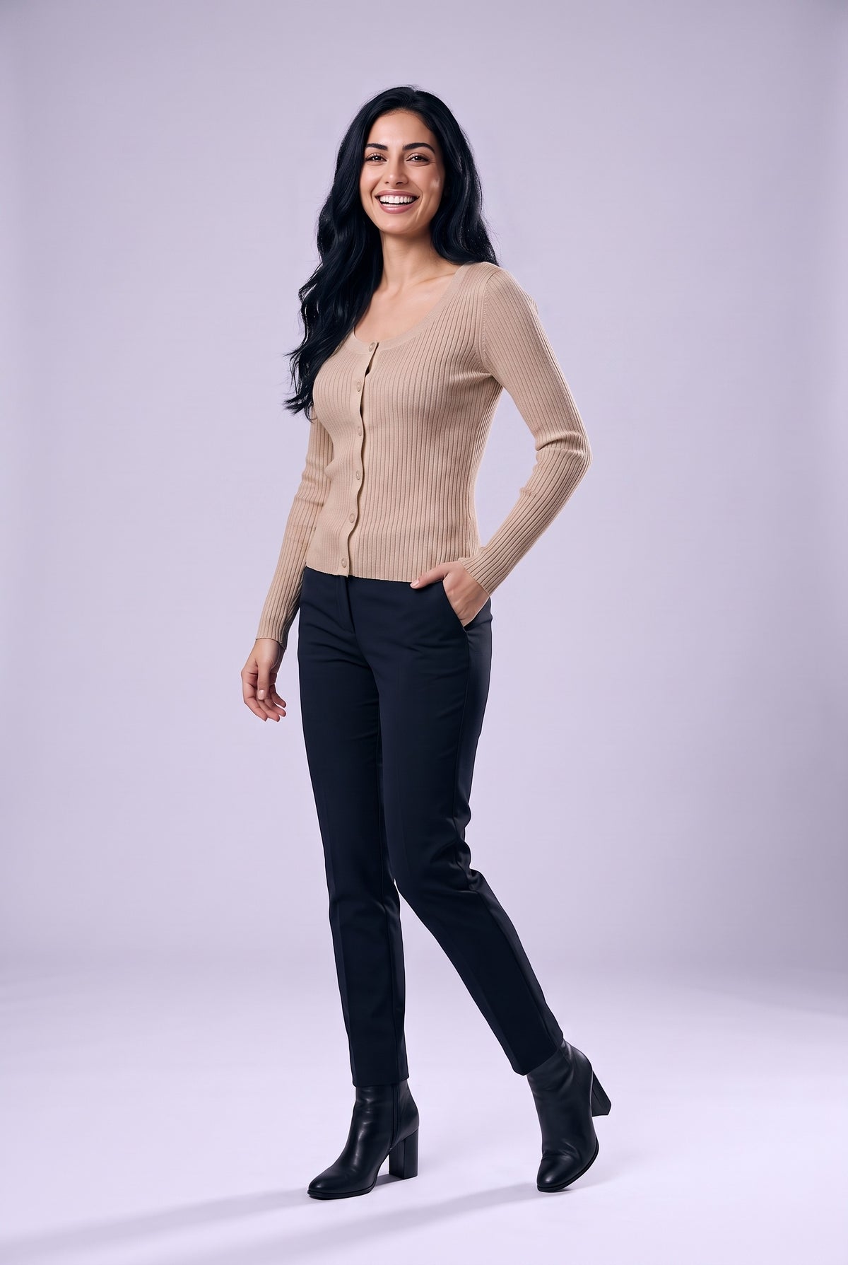 CATRIN Ribbed Button Neck Jumper in beige, front