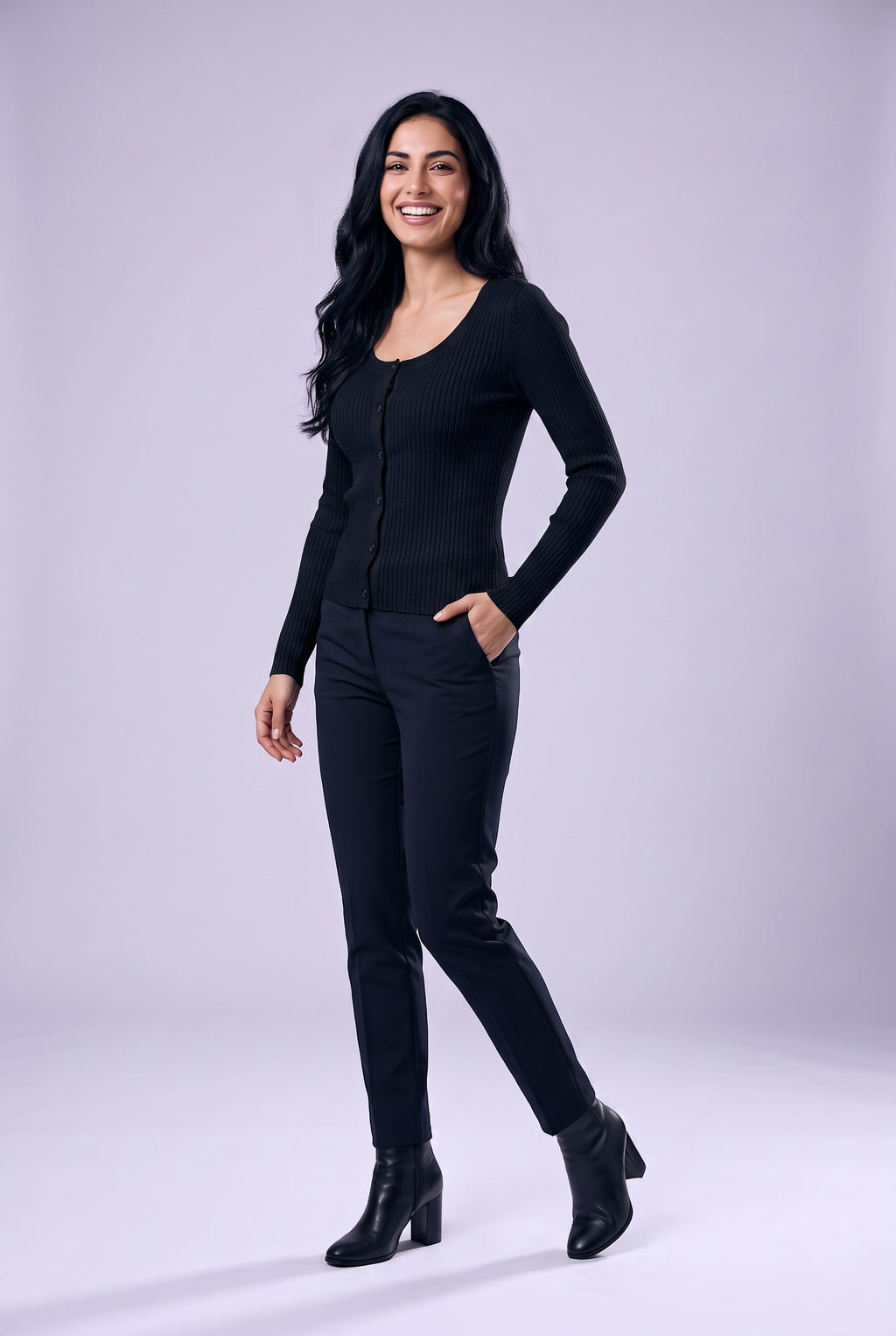 CATRIN Ribbed Button Neck Jumper in black, front