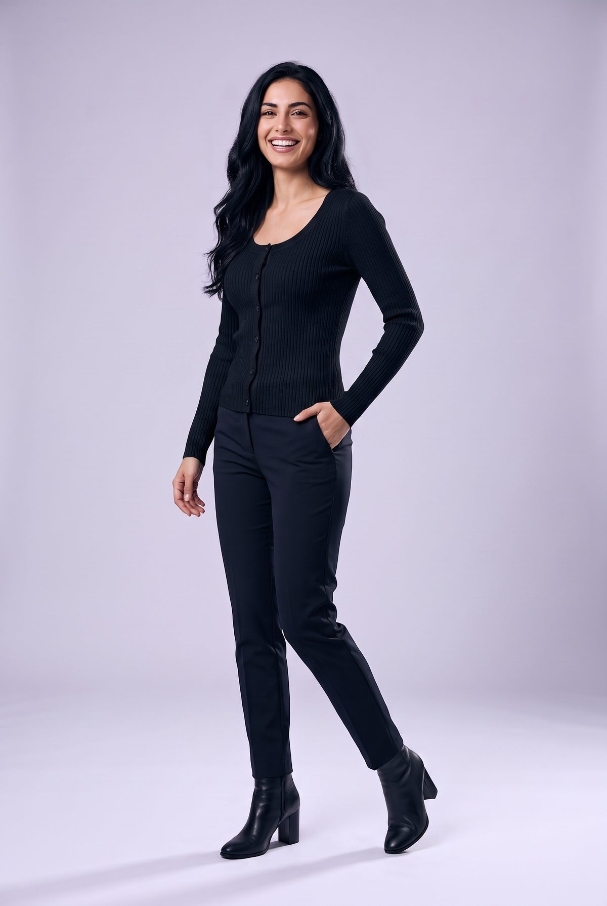 CATRIN Ribbed Button Neck Jumper in black, front