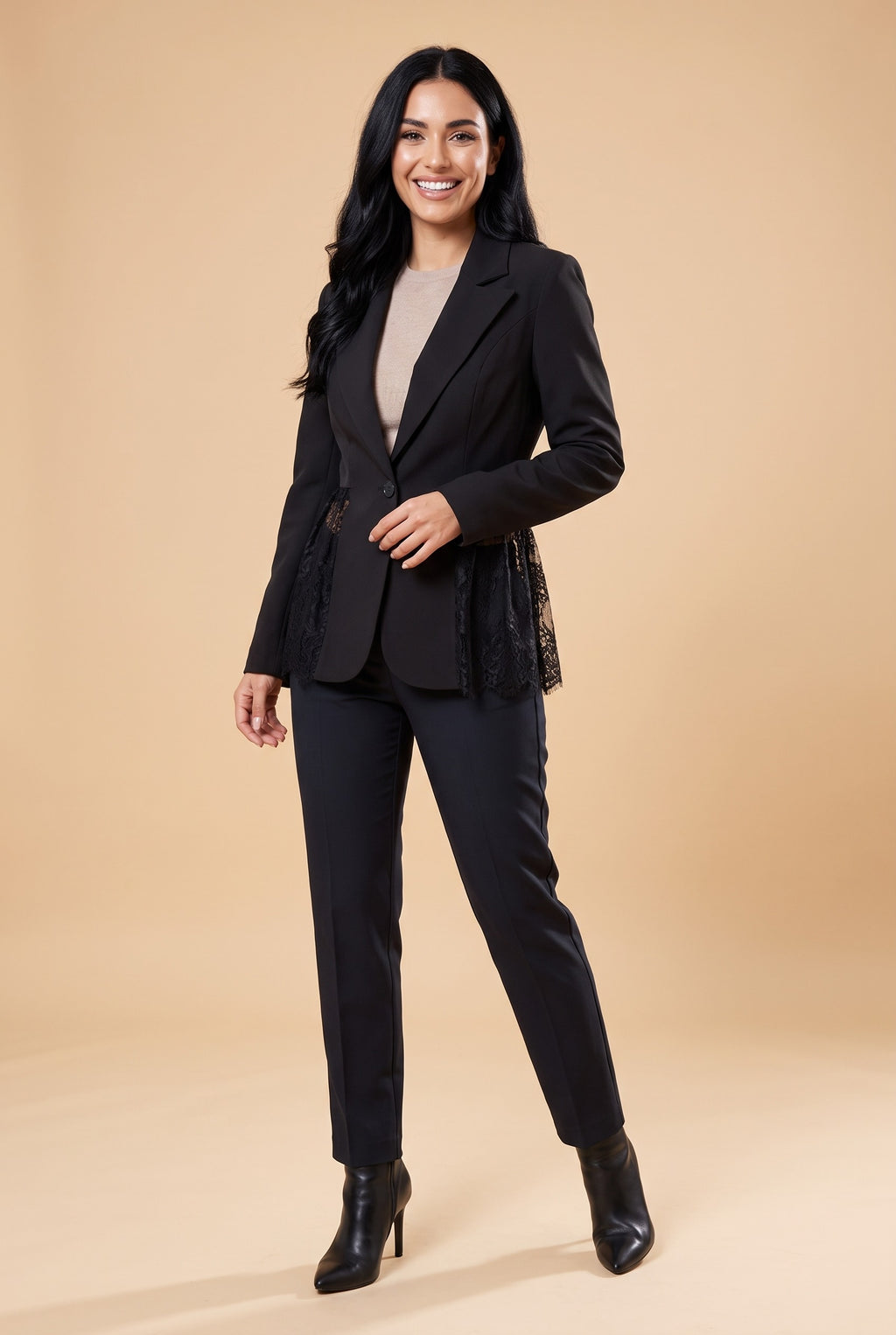 CELESTINA Lace Trim Fitted Blazer in black, front